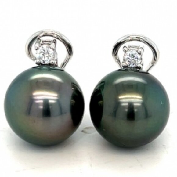 14k White Gold Black Pearl & Diamond Earrings - Picture 4 of 4